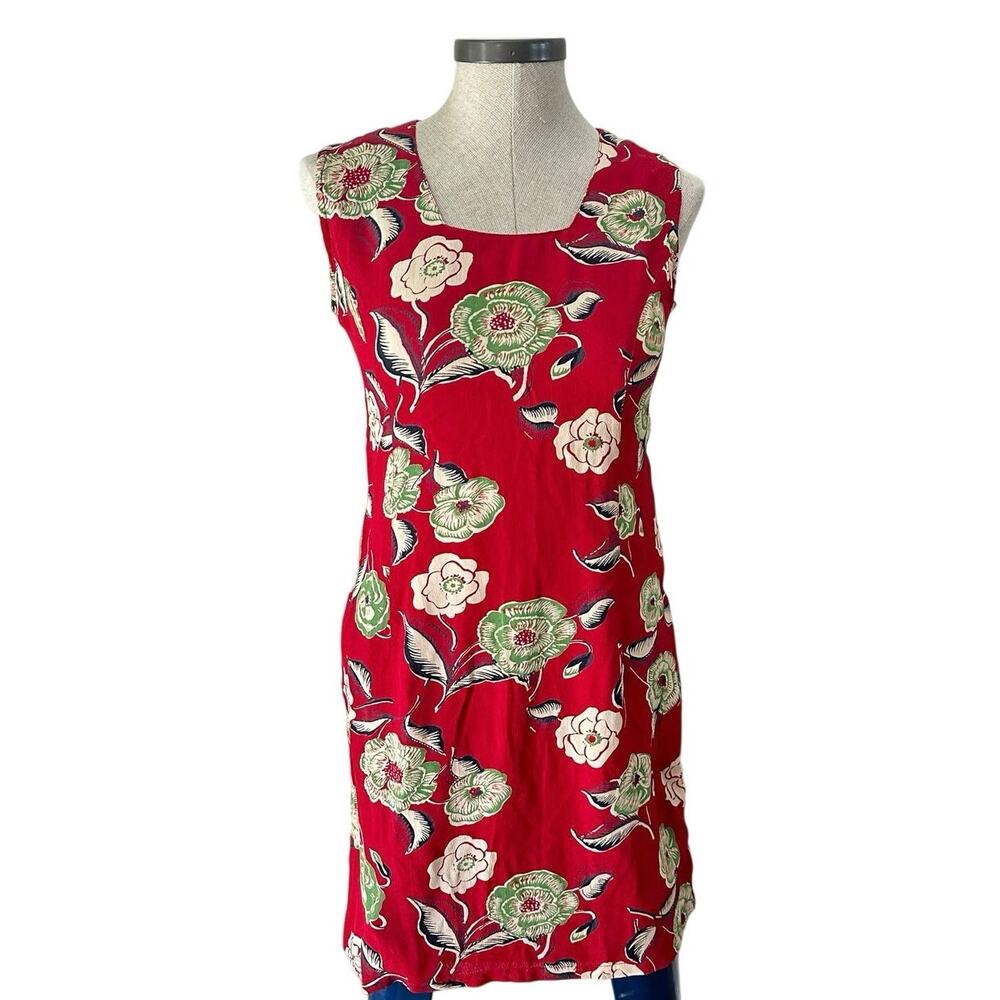 Vintage Komil Red Floral Shift Dress Rayon Sleeveless Cottagecore Indie Size P